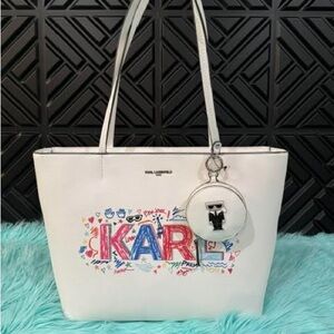 Karl Lagerfeld Paris Adele Large Tote Bag White Multi Grafitti Pouch. NWT